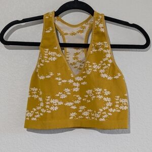 Free People Movement Floral Yellow Ribbed Cropped Bra Athletic Brami Top L Gold